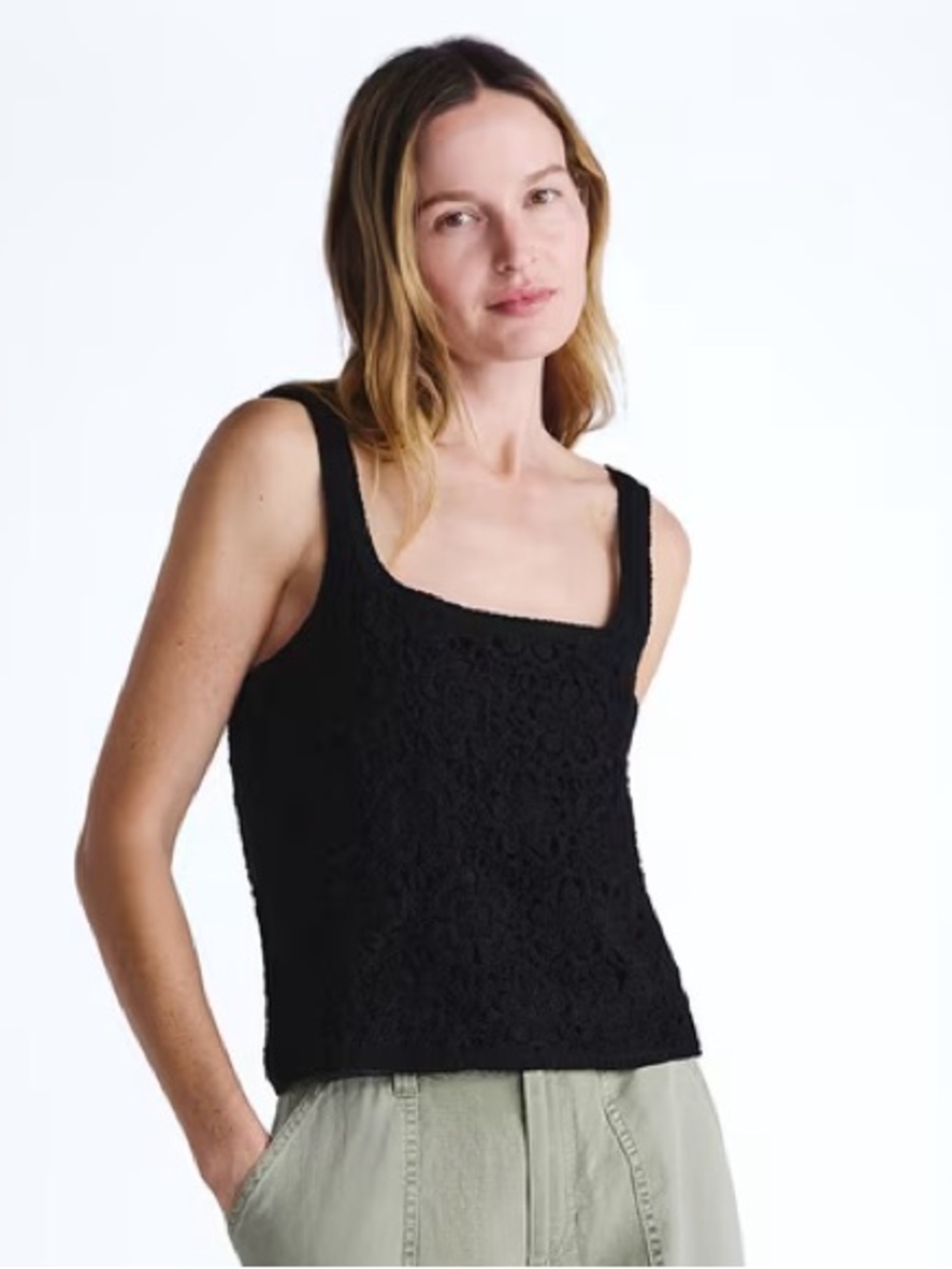 Scoop Women's Square Neck Crochet Cotton Tank Top in Black Soot